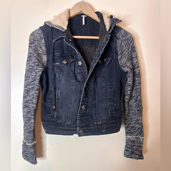 FREE PEOPLE Distressed Denim and Knit Hooded Cropped Jacket - Picture 1 of 6